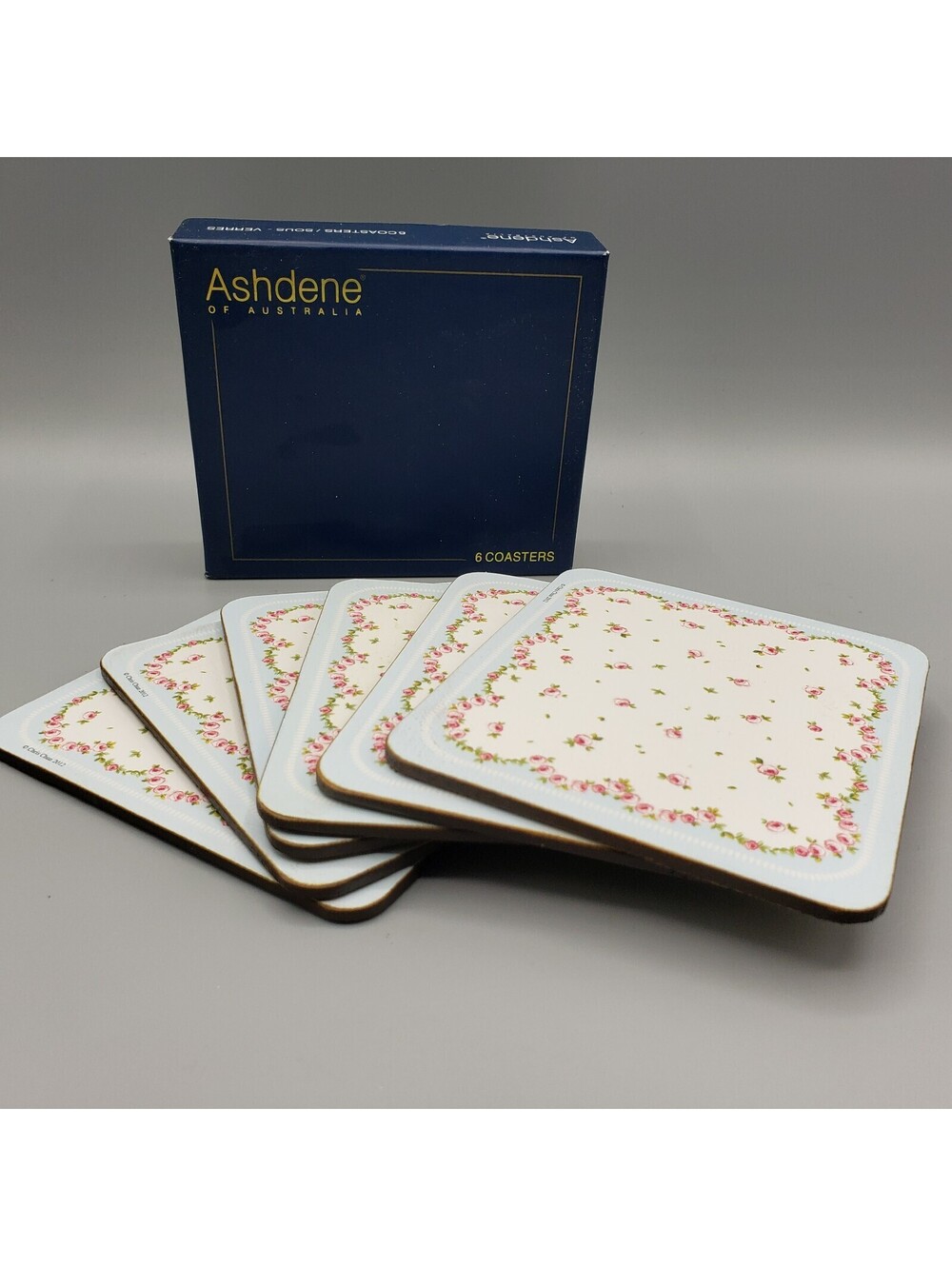 6 Coasters  Ashdene of Australia Cork Backed Pink Rose Blue Border NIB Cottage